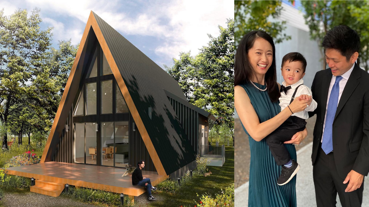 Rikako W. with her family, and a rendering of her A-frame short-term rental in the Poconos