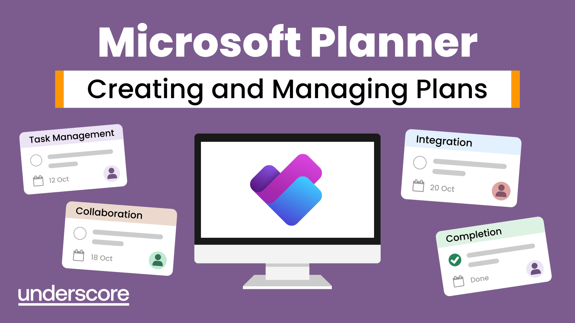 Microsoft Planner training course graphic showing tasks moving through To Do, Development, Testing and Completed stages.
