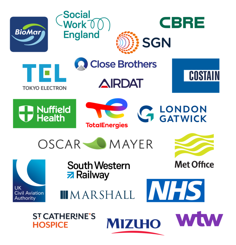 Logos of organisations trained by Underscore Group, including NHS, CBRE, Nuffield Health, London Gatwick, Close Brothers, TotalEnergies, and more.