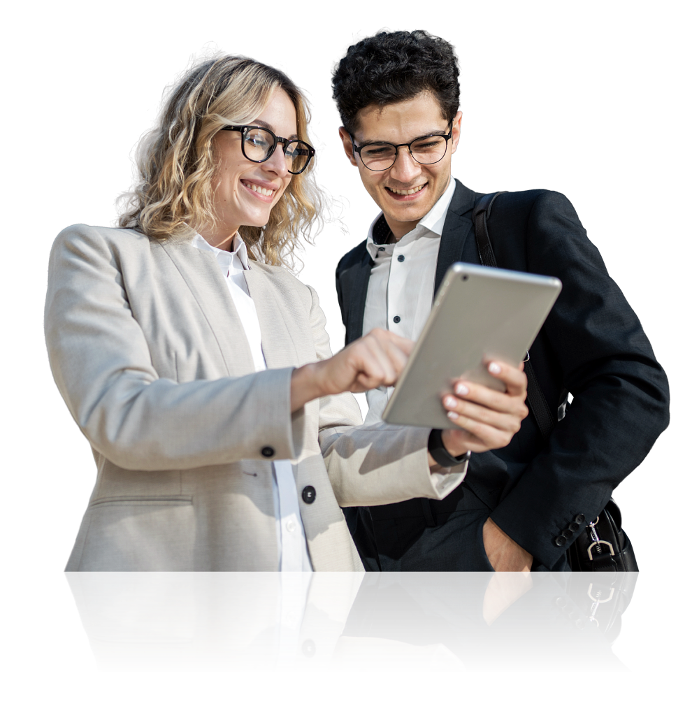 Two corporate professionals collaborating on a small project using a tablet, representing project management for non project managers.