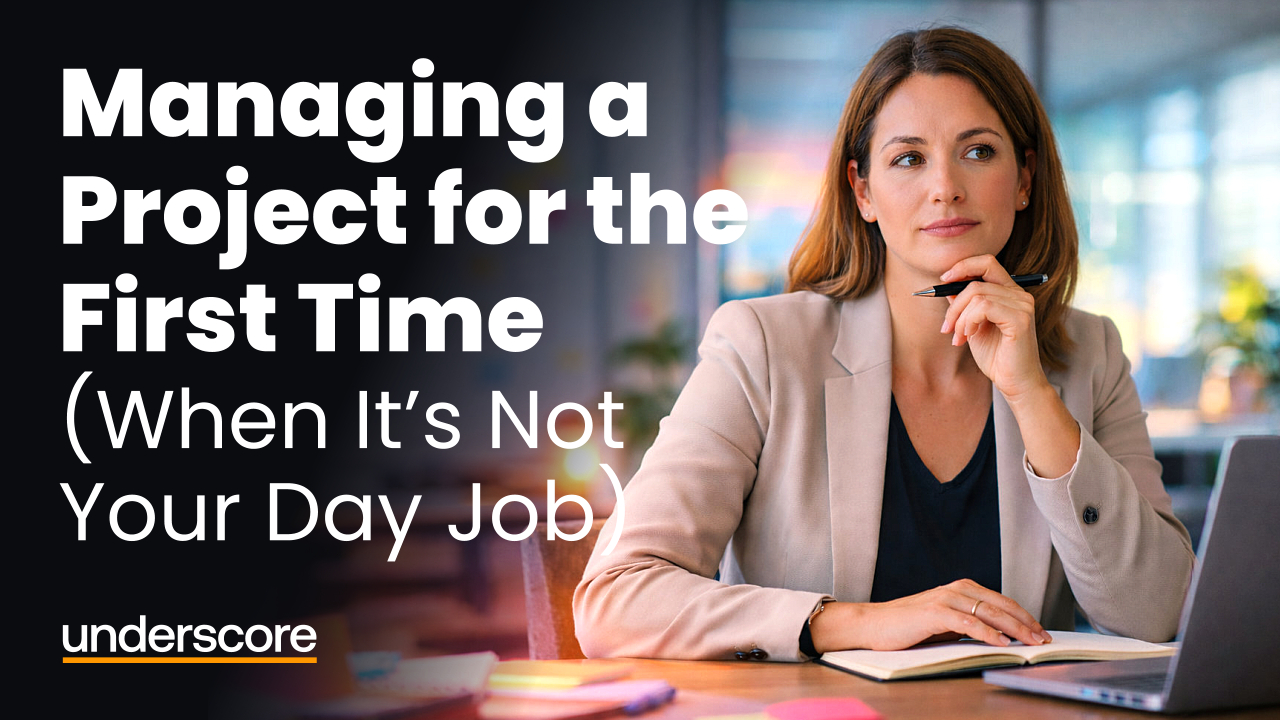 Blog header image for Managing a Project for the First Time – A professional woman sitting at a desk, thinking and planning while working on a laptop in an office setting.
