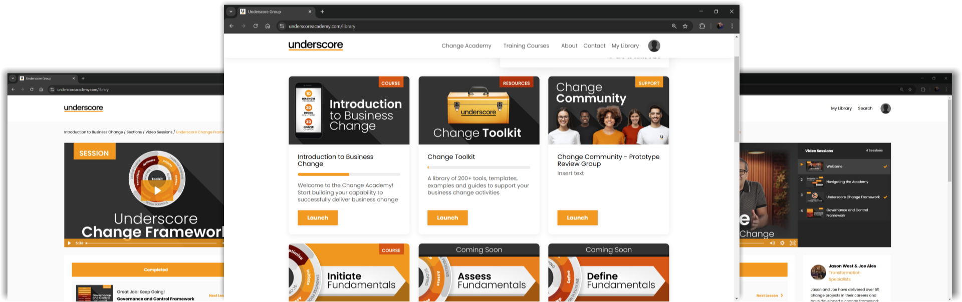 Underscore Change Academy platform – course library, toolkit, and video sessions for learning business change.