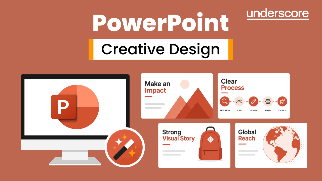 PowerPoint – Creative Design course graphic showing a computer monitor with the PowerPoint logo and example presentation slides demonstrating visual storytelling, layouts, process diagrams and infographic design.