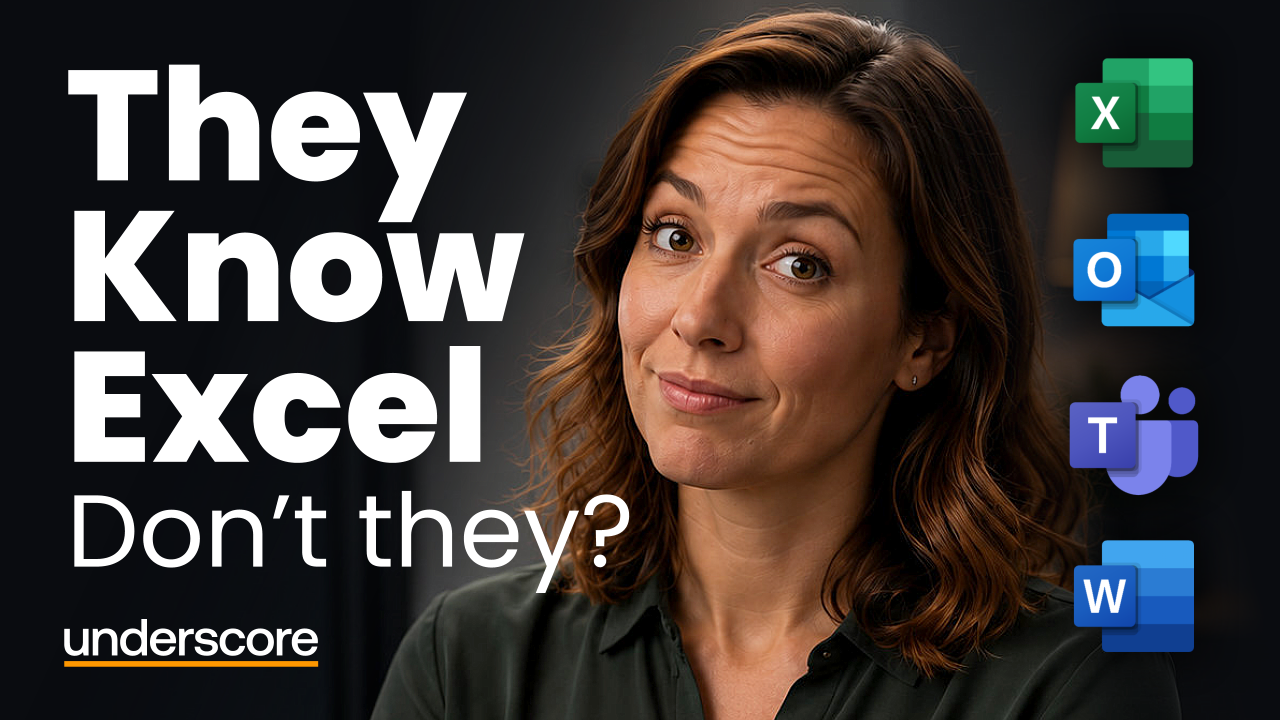 Woman with a sceptical expression alongside Microsoft 365 icons, representing the common assumption that employees already know how to use Excel and other Microsoft 365 applications effectively.