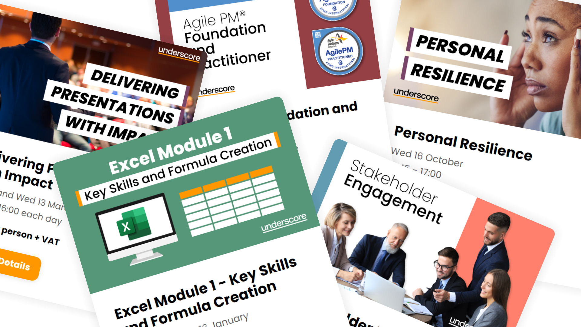 Selection of Underscore Group training courses including Excel, Agile Project Management, Delivering Presentations with Impact, Personal Resilience, and Stakeholder Engagement.