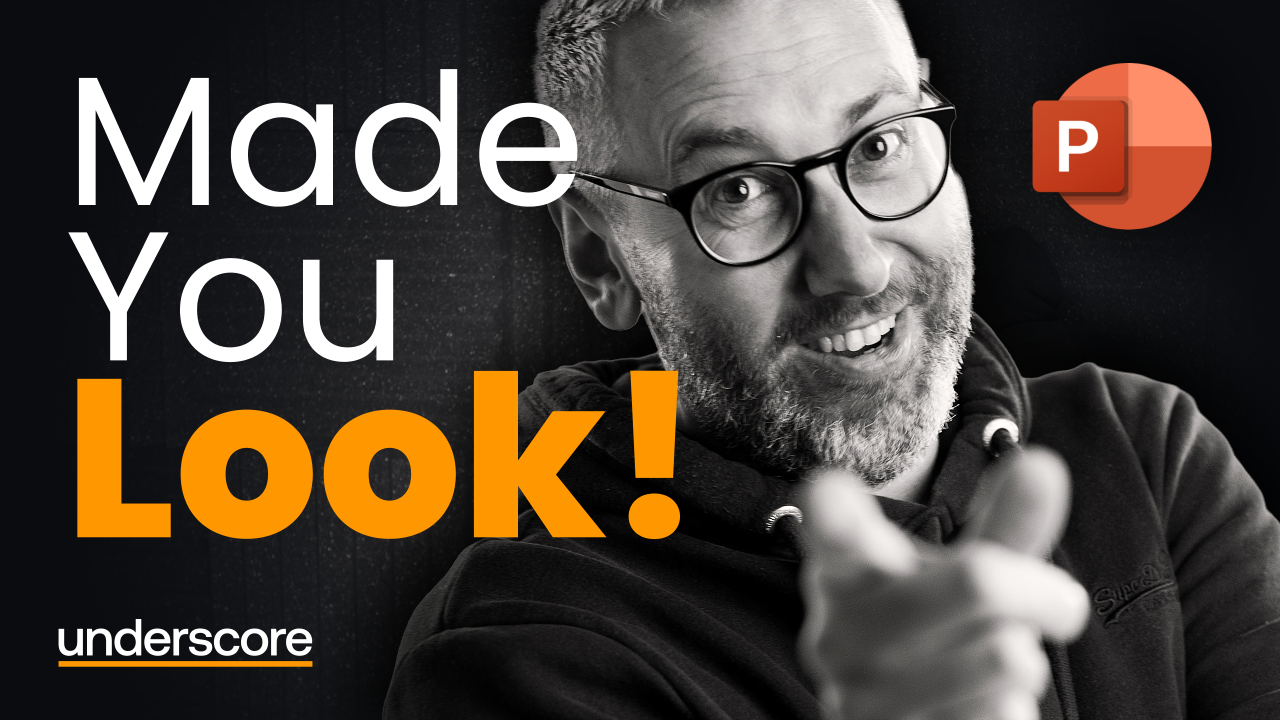 Black-and-white image of a smiling man pointing at the viewer, with the words “Made You Look!” highlighting the power of visual hierarchy in PowerPoint design.