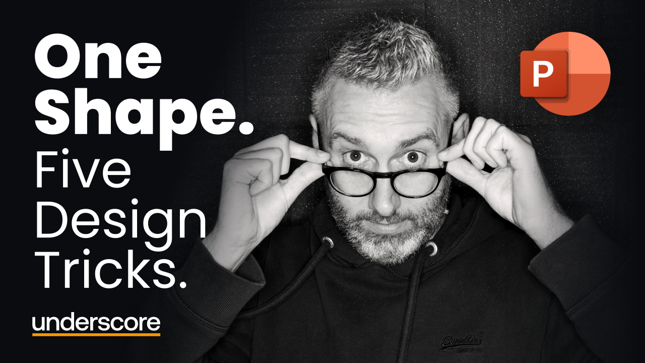 Black-and-white promotional image of Tom Vanhinsbergh looking over his glasses towards the camera. Large white text reads "One Shape. Five Design Tricks." An Underscore logo appears in the bottom left and a Microsoft PowerPoint logo in the top right.