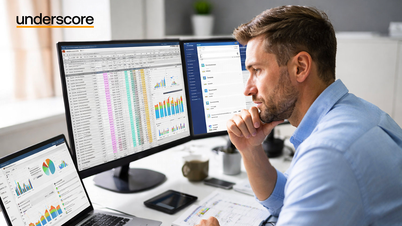 Professional analysing a complex spreadsheet and dashboard across multiple screens in a modern office workspace.