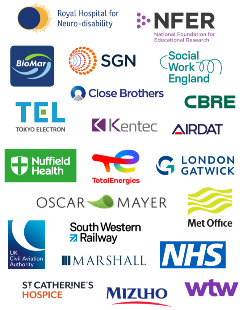Logos of organisations trained by Underscore Group, including NHS, CBRE, Nuffield Health, London Gatwick, Close Brothers, TotalEnergies, BAM, NFER, RHN and more.