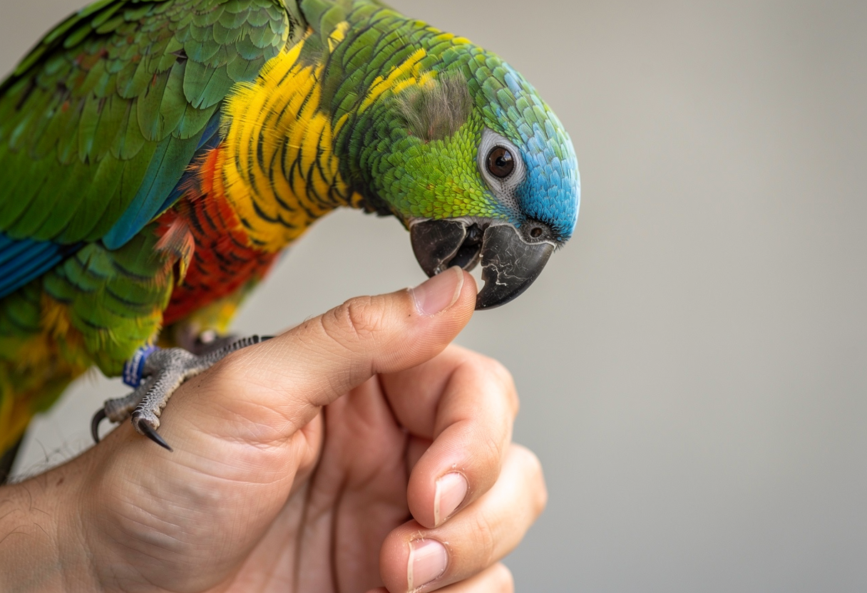 Parrot biting a human hand