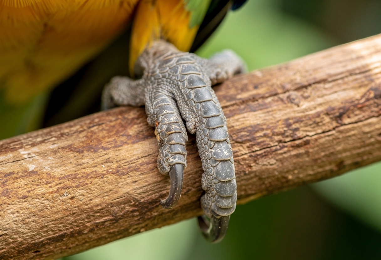 Close-up of parrot feet showing healthy nail length for safe trim parrot nails at home guidance