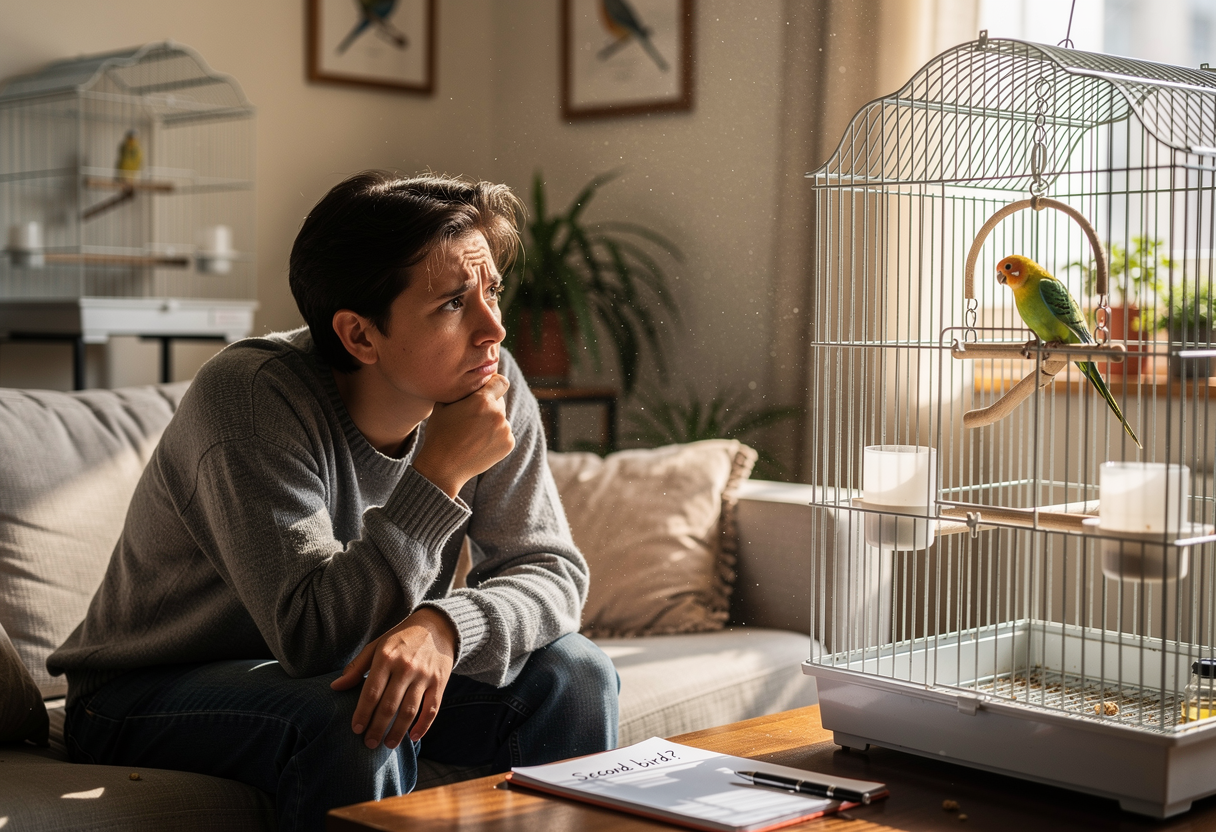 Single parrot perched peacefully in cage needing second parrot companion