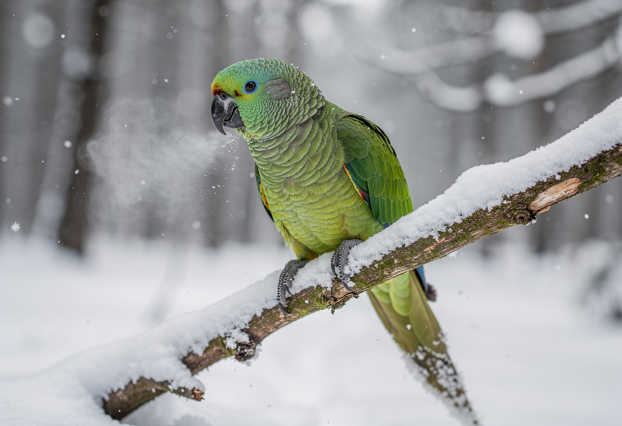 Comfortable parrot perched near safe winter heating setup with proper humidity and temperature monitoring for winter