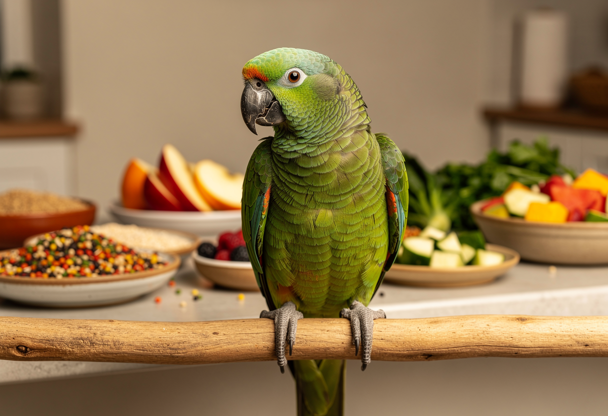 Colorful parrot looking at holiday feast with holiday foods toxic to birds highlighted on table