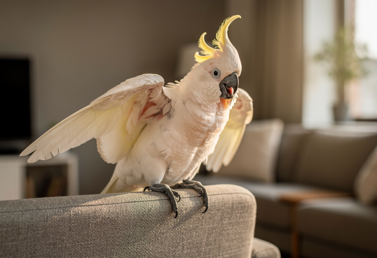 Parrot sitting by sunny window showing spring parrot hormonal behavior signs with longer daylight hours