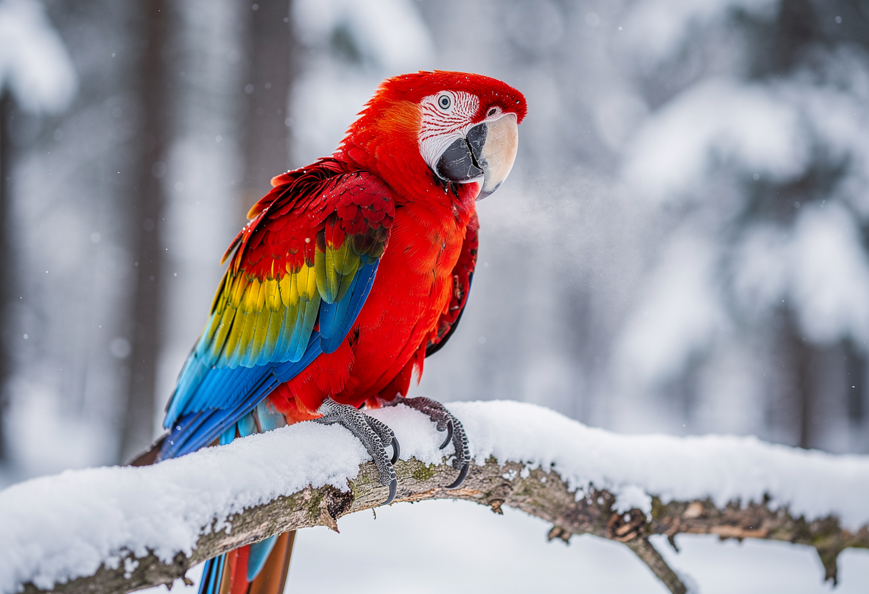 Colorful parrot perched in snow