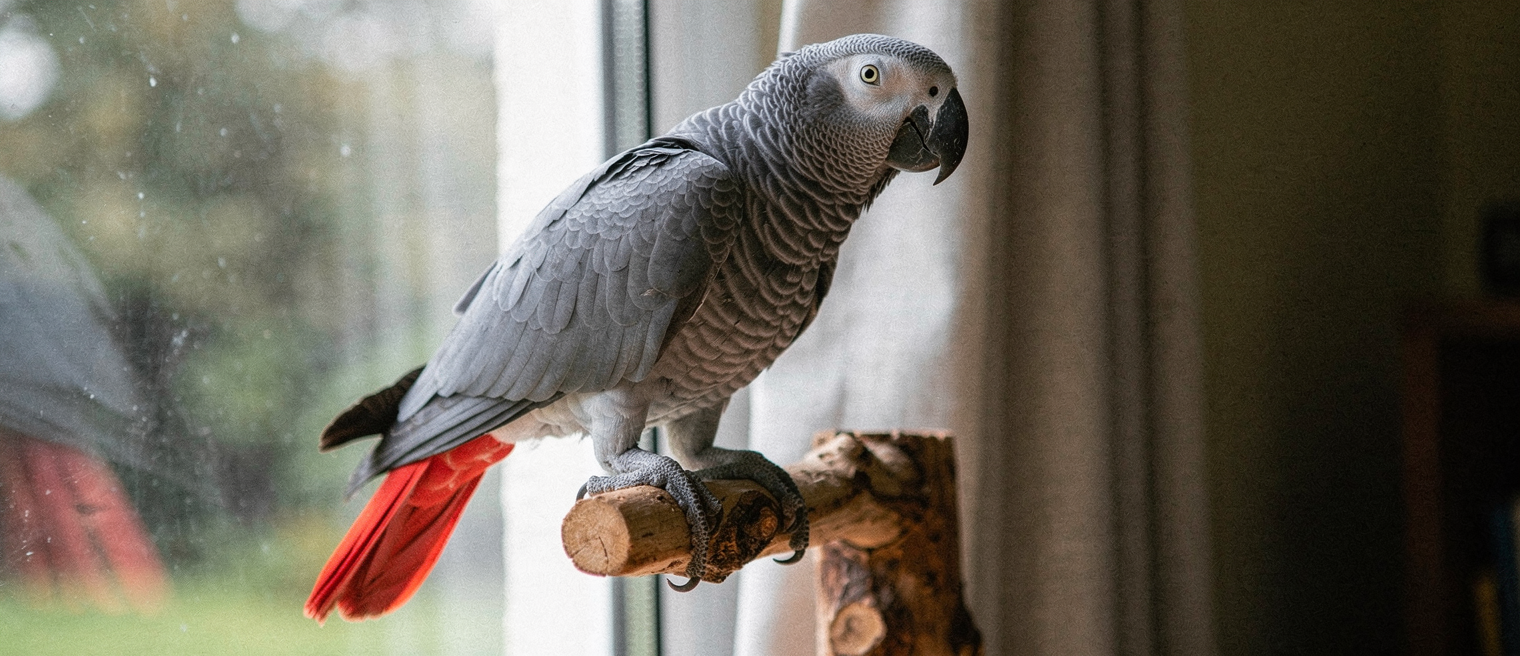 Parrot on a perch next to a humidifier in a cozy warm room during winter