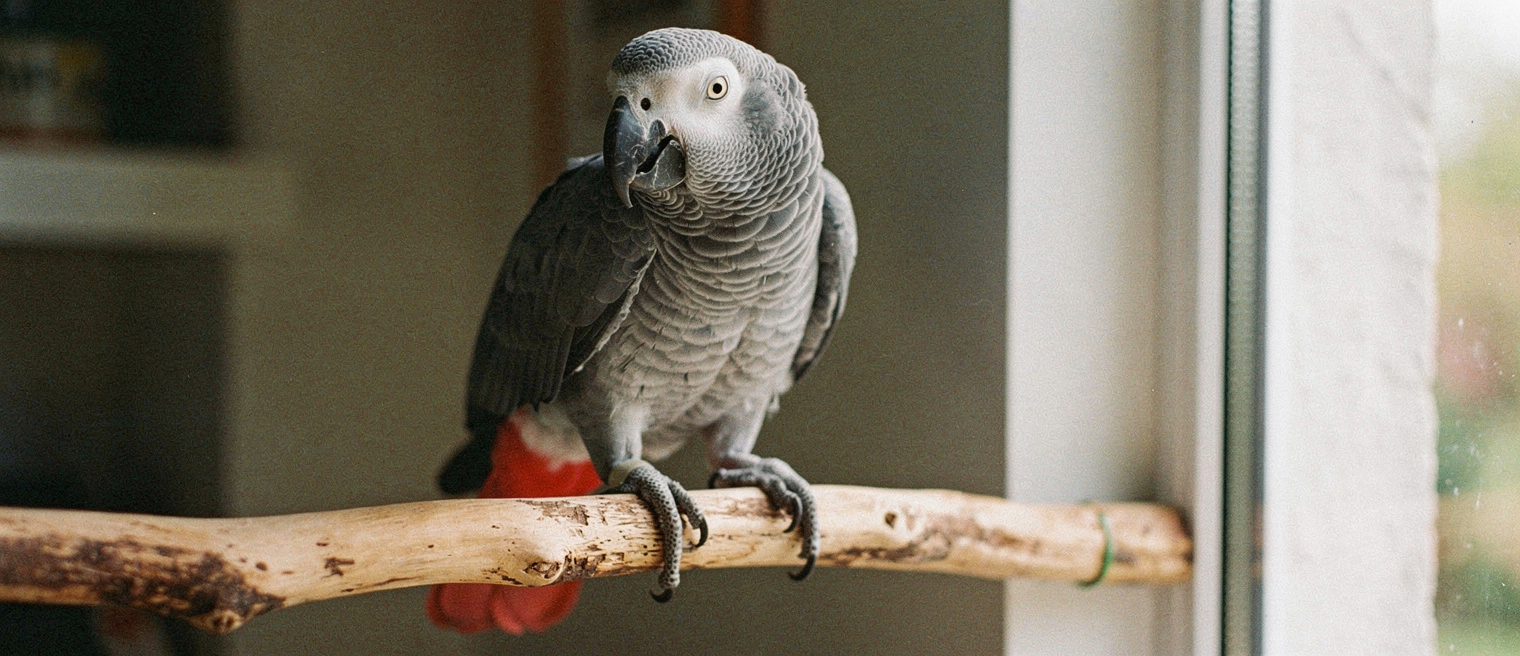 African Grey parrot perched near bowl of fresh vegetables and fruit