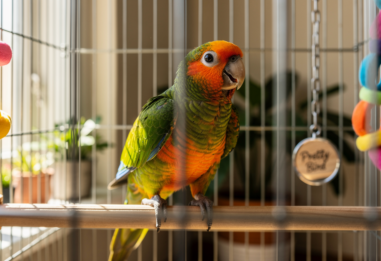 White-bellied caique parrot displaying typical playful personality traits while perched