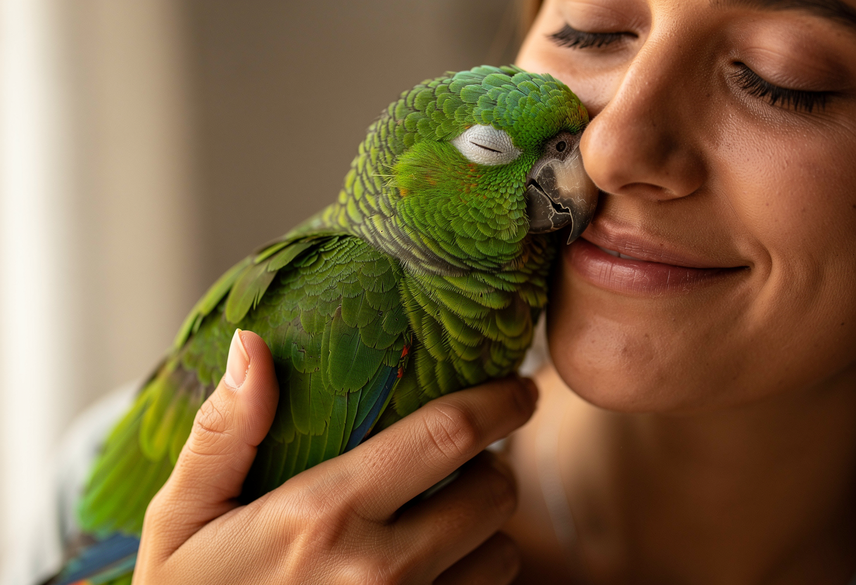 Parrot owner gently holding a parrot showing how to get parrot to like you through positive interaction