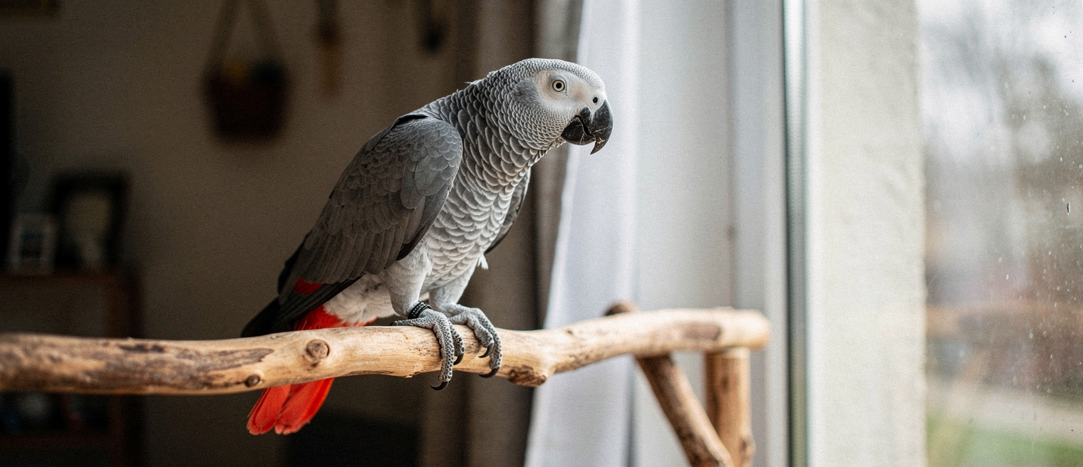 African Grey parrot in alert posture on driftwood branch near large window, vivid red tail prominently displayed, natural home interior