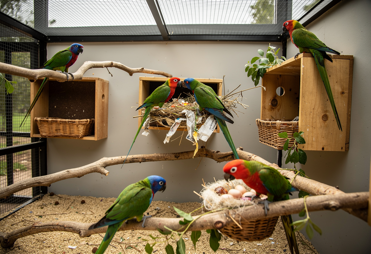 Parrots in an indoor aviary 