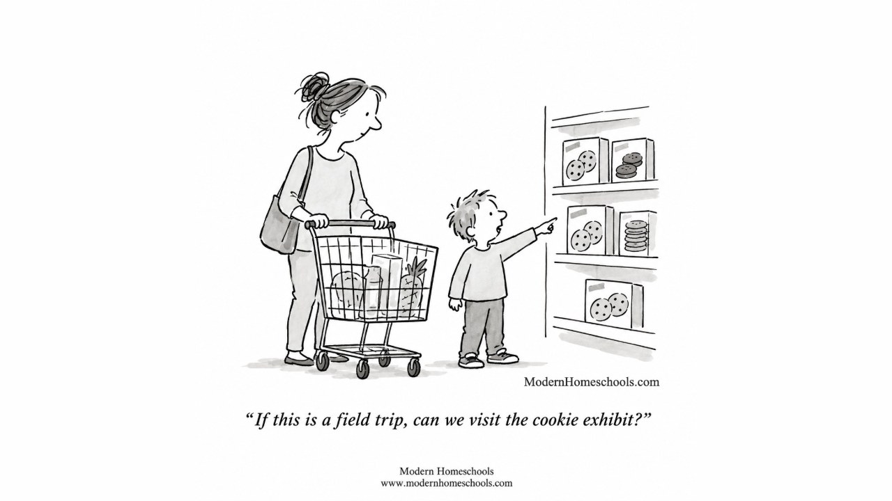 Cartoon of a parent pushing a grocery cart while a young boy points eagerly at a shelf of cookie boxes.
