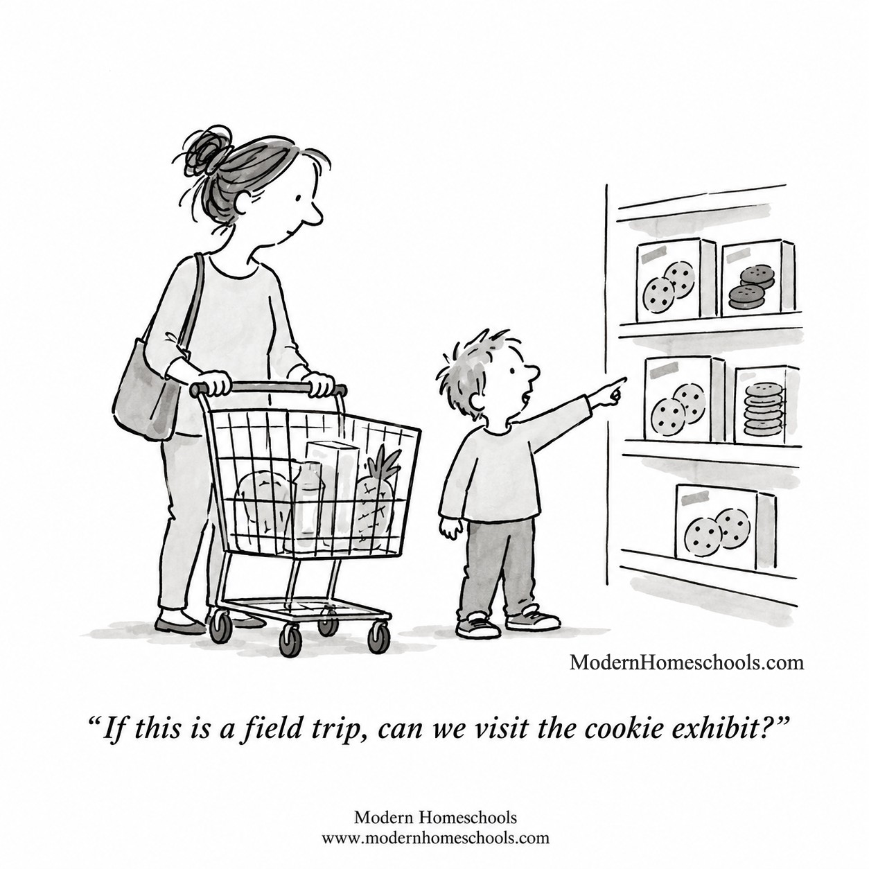 Cartoon of a parent pushing a grocery cart while a young boy points eagerly at a shelf of cookie boxes.