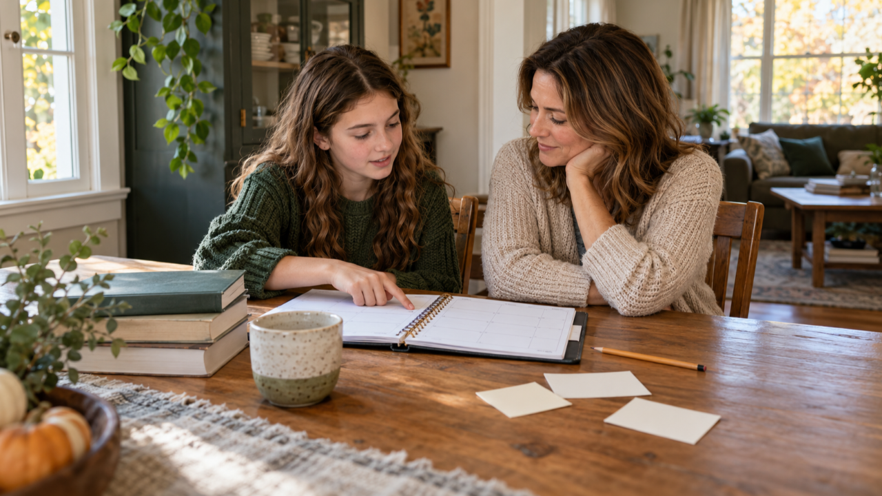 A parent and child review an open weekly planner together at their dining table.