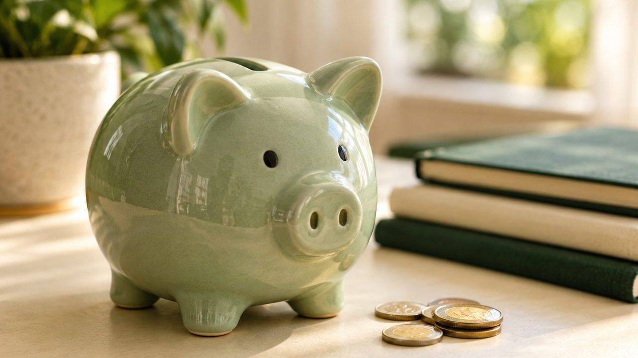 A sage-green piggy bank beside coins and notebooks.