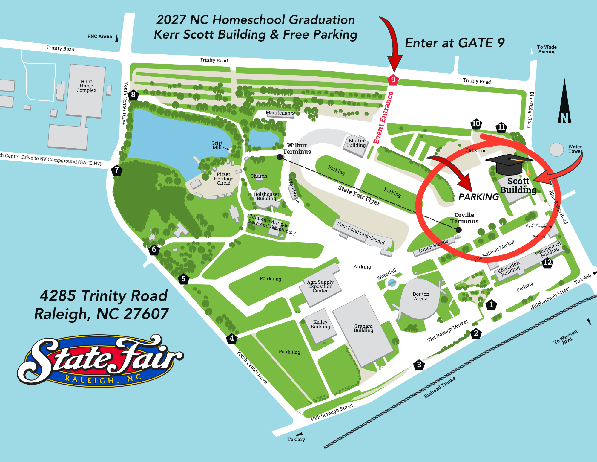 2027 NC Homeschool Graduation map showing the Kerr Scott Building and free graduation parking.