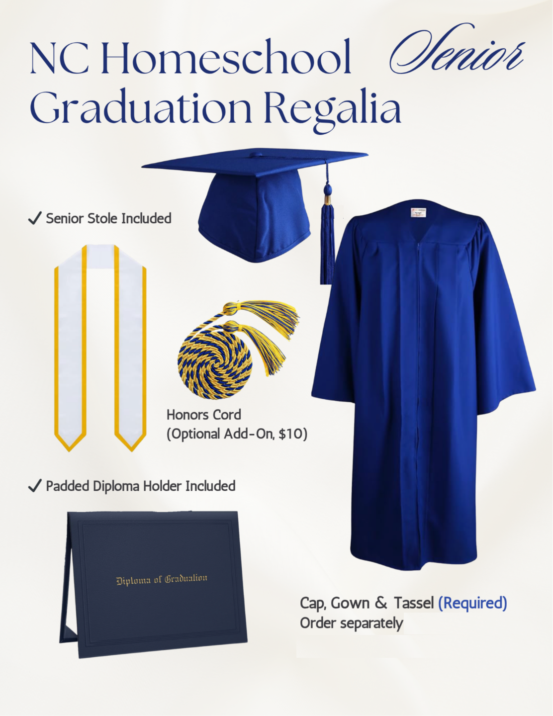 Royal blue graduation cap and gown with tassel and 2027 year charm.