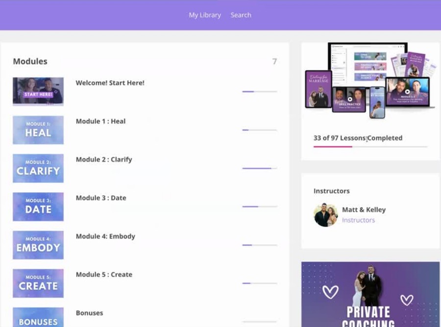 The Dating For Marriage program, with modules Heal, Clarify, Date, Embody and Create