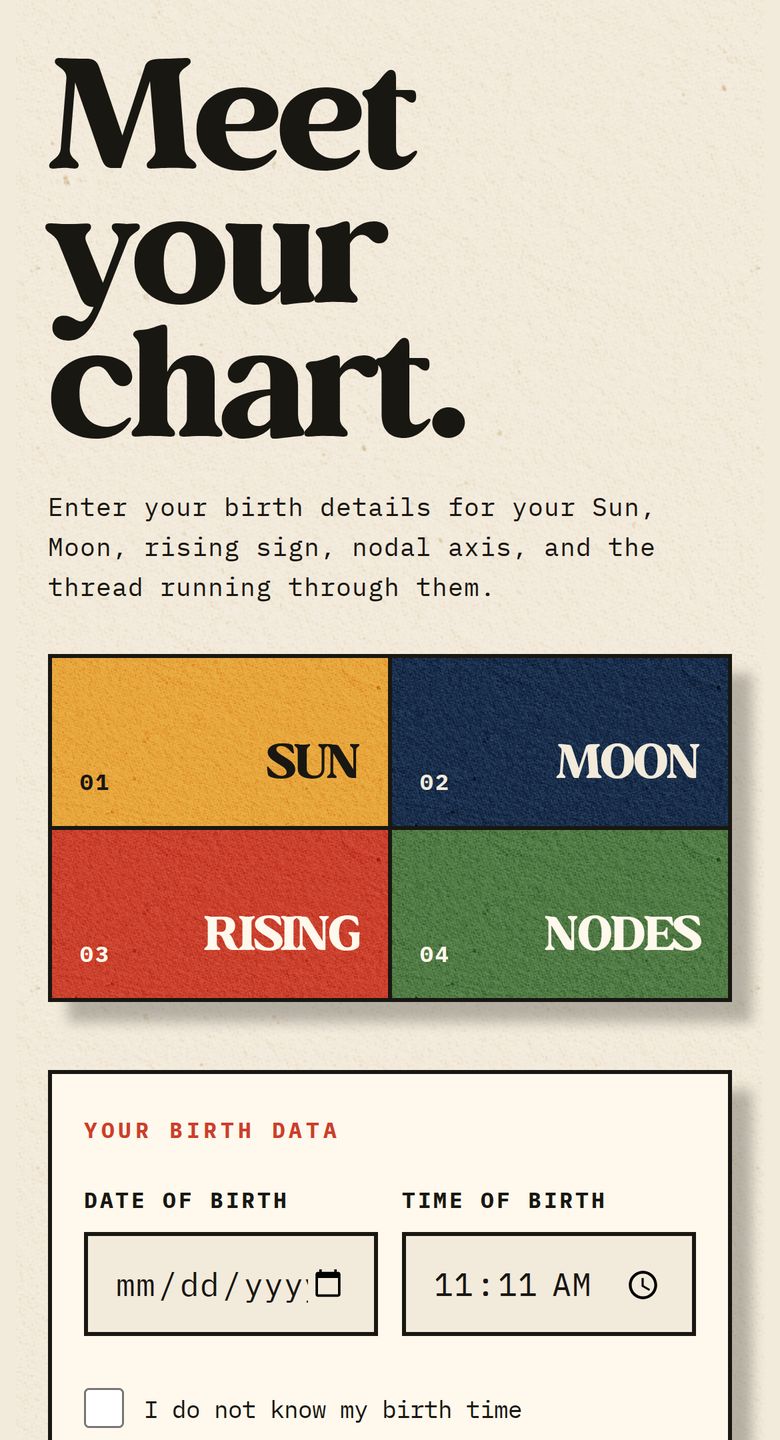 The Chart tab, where you enter your birth details for your Sun, Moon, Rising and Nodes