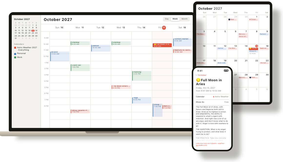 Astro Weather 2027 in a calendar on a laptop, a tablet and a phone