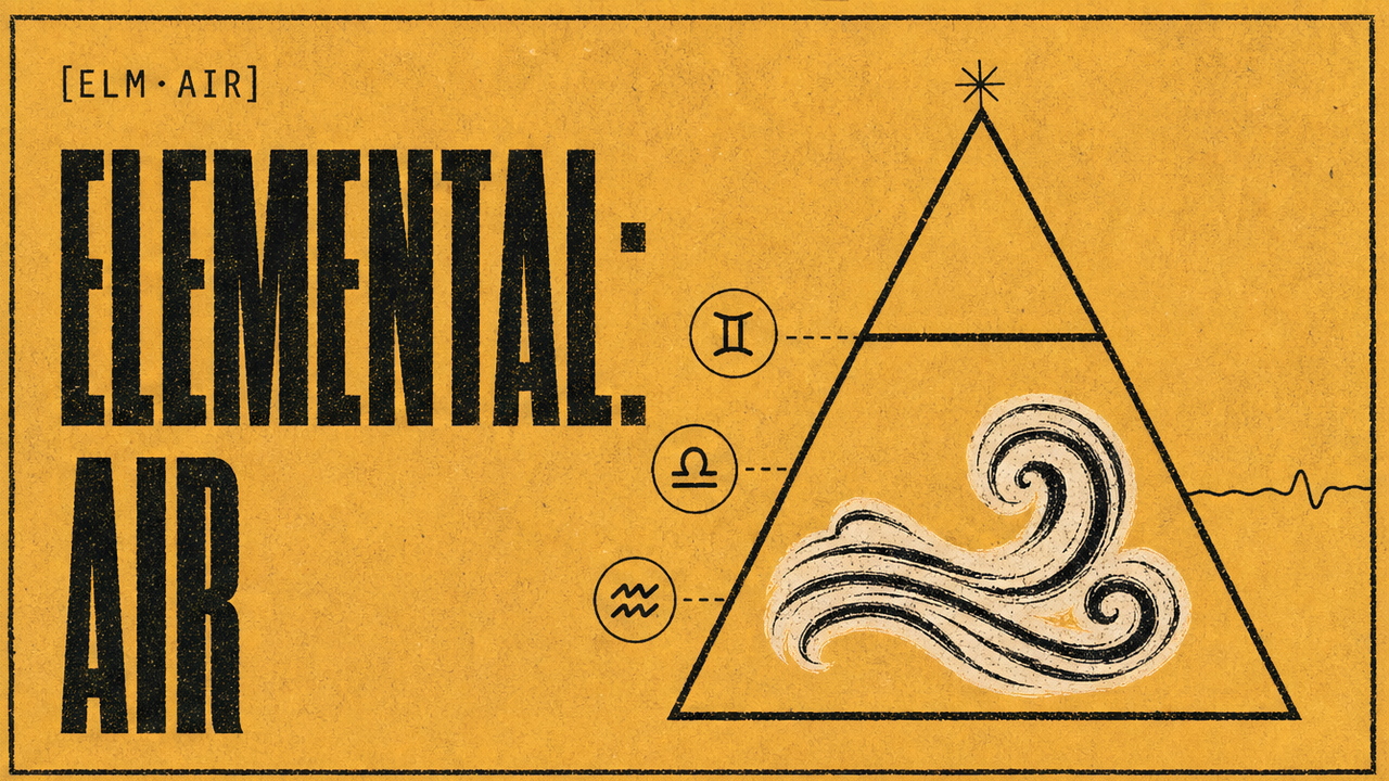 Elemental Air course cover in mustard, ink, and blue