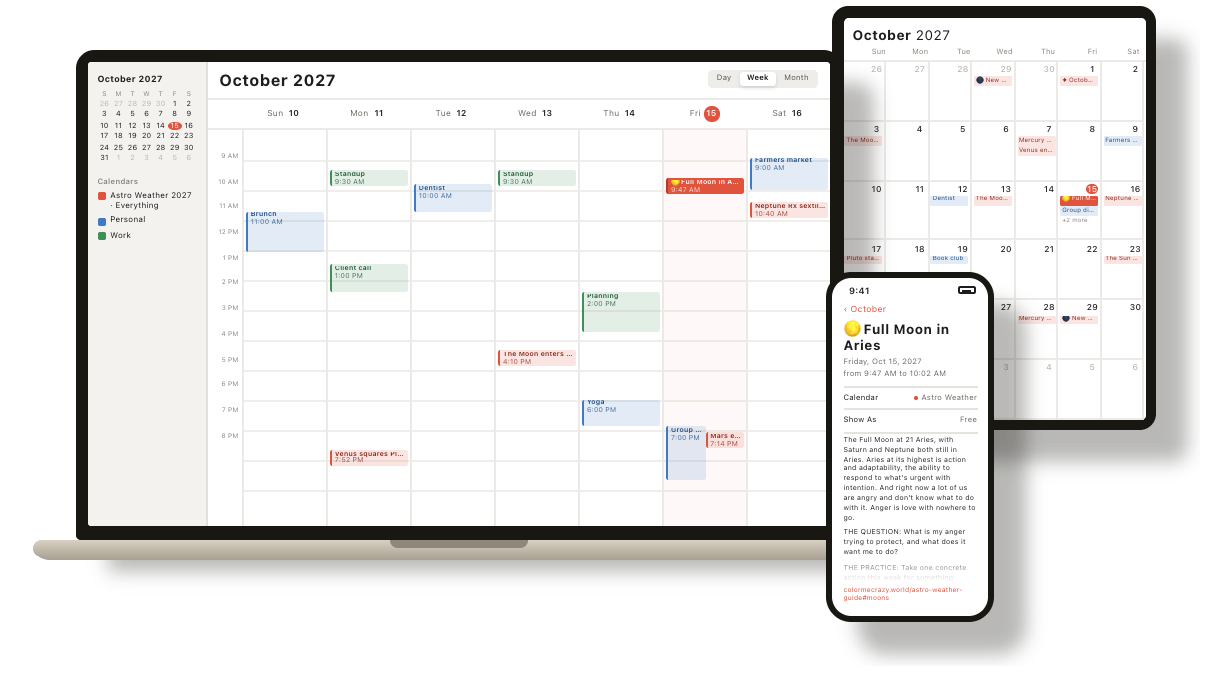 Astro Weather 2027 in a calendar on a laptop, a tablet and a phone, with the Full Moon in Aries open on the phone