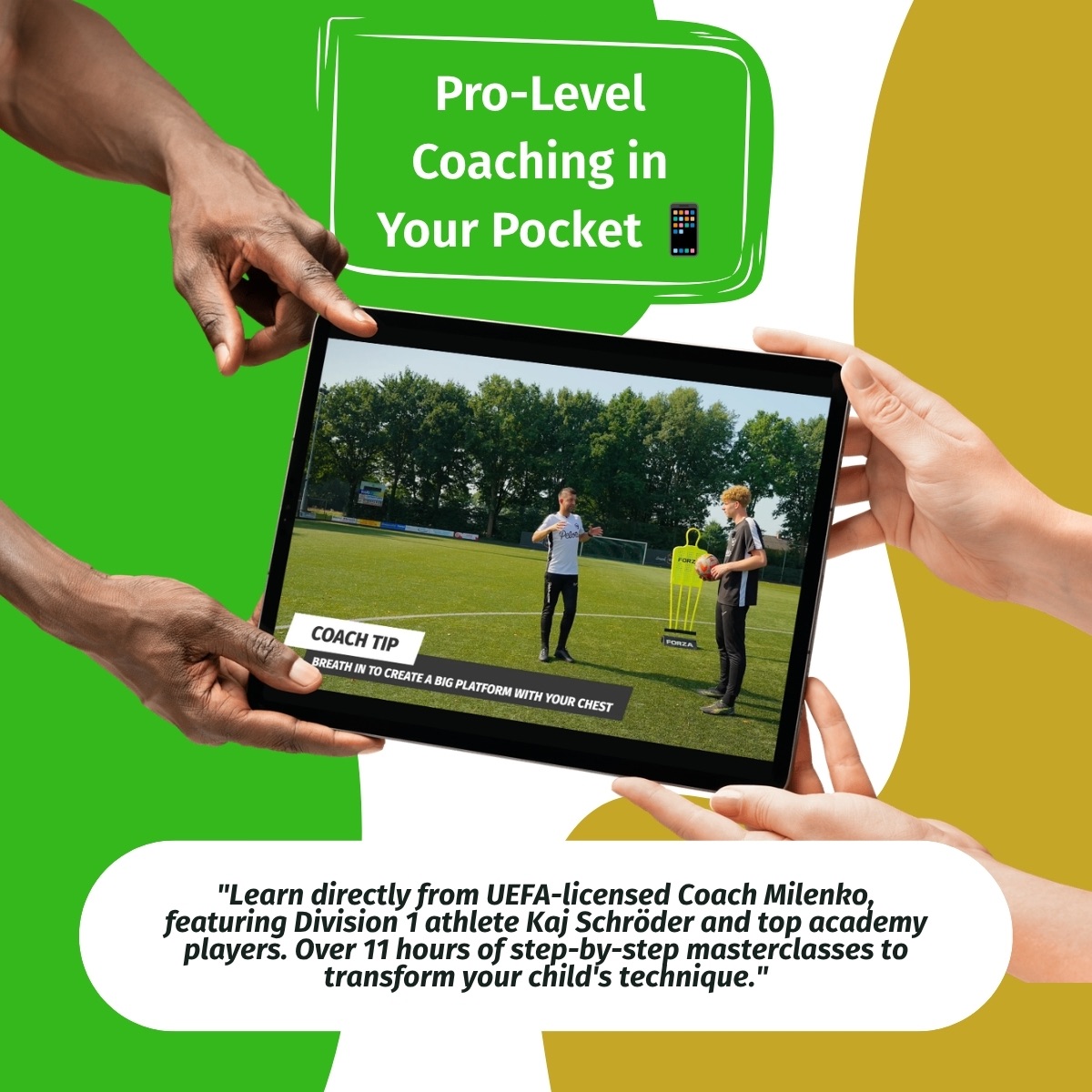 Tablet displaying UEFA-licensed Coach Milenko teaching technical soccer drills in the Pro Player Pack masterclass.