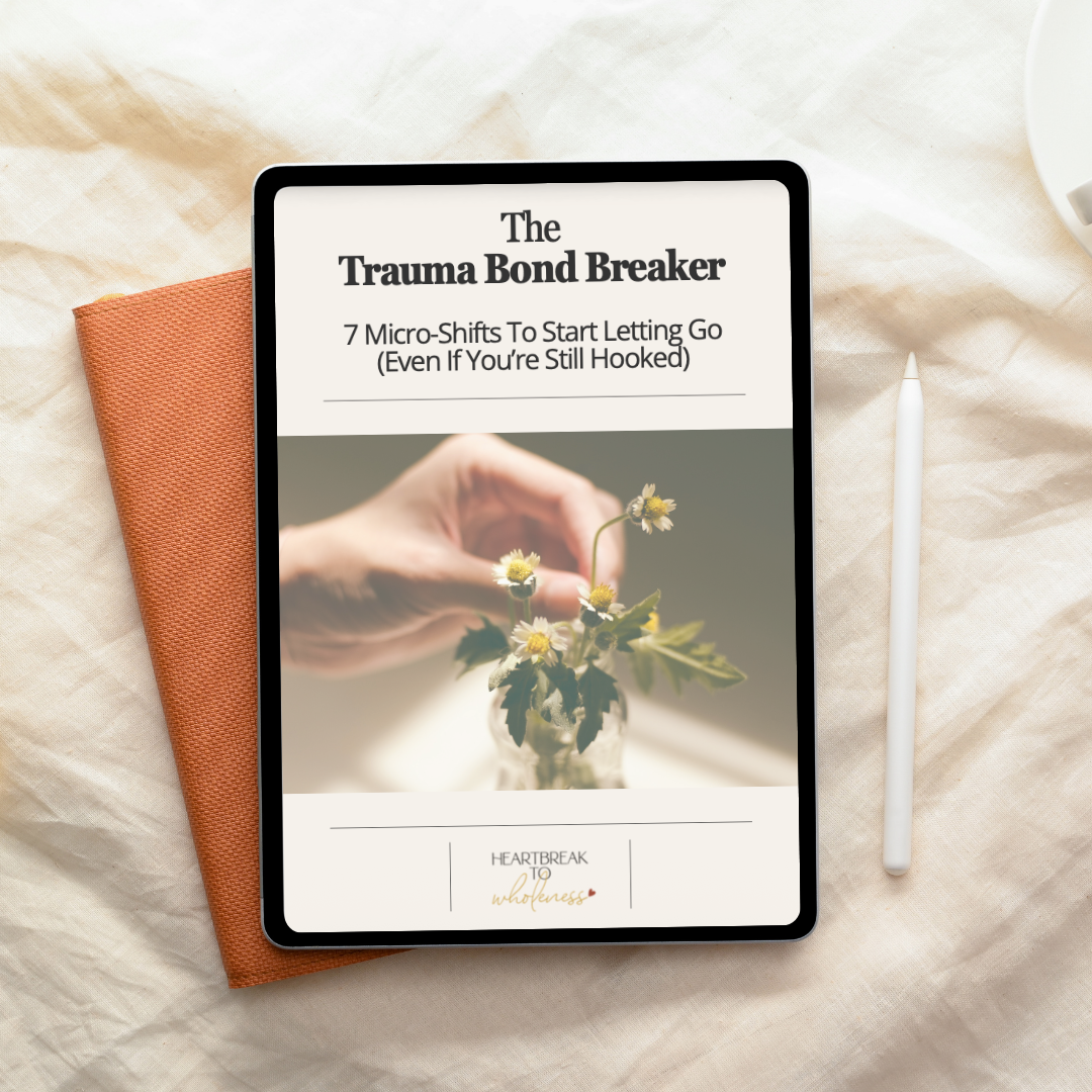 Mockup of Trauma Bond Breaker PDF guide with steps to break a trauma bond and let go of unhealthy emotional attachment
