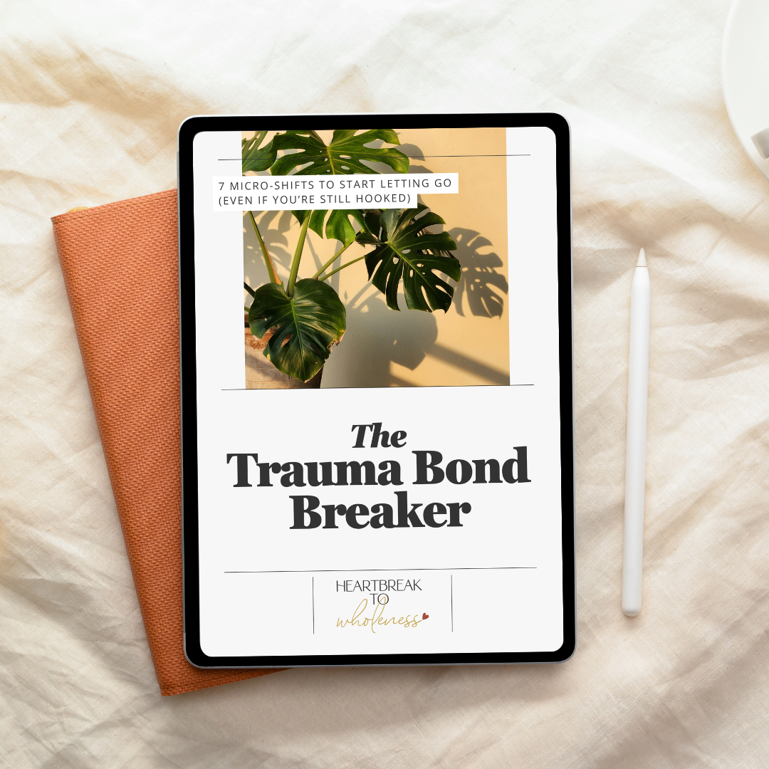 Mockup of Trauma Bond Breaker PDF guide with steps to break a trauma bond and let go of unhealthy emotional attachment