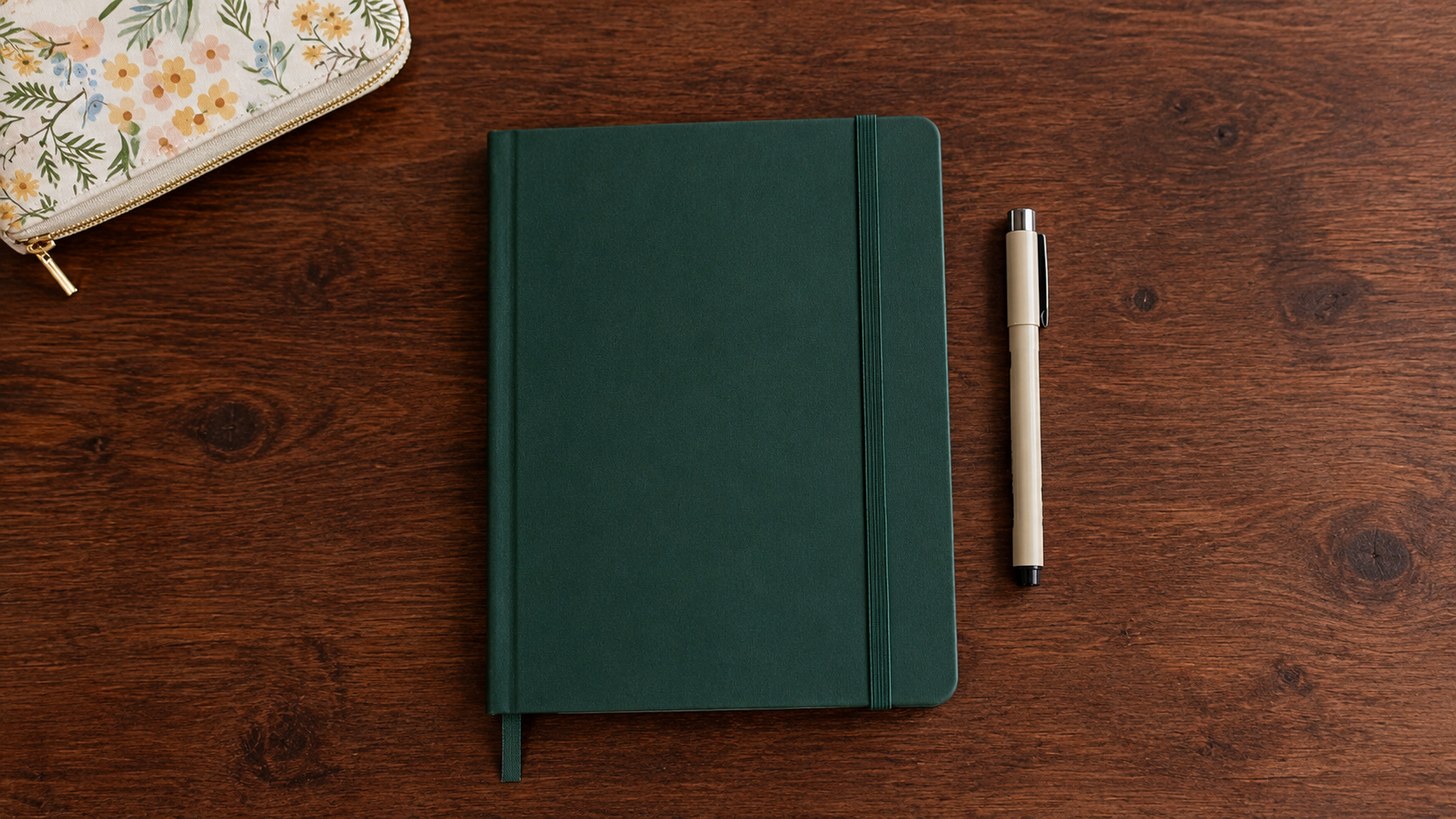 A closed green bullet journal and a fine-liner pen on a wood desk