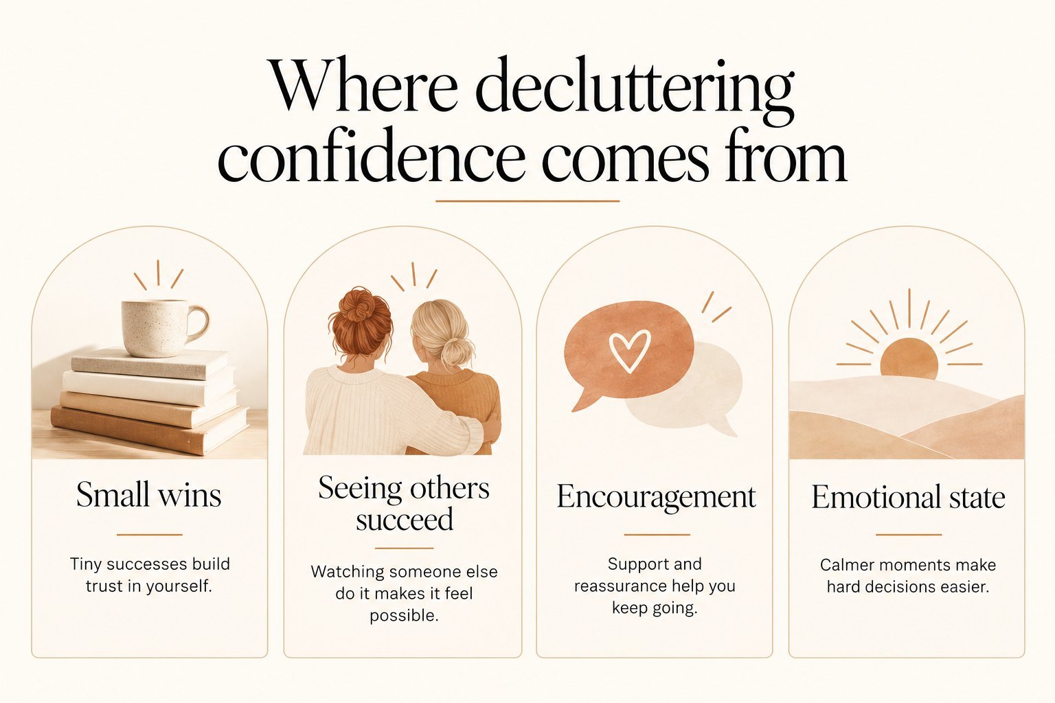 Where decluttering confidence comes from: small wins, seeing others succeed, encouragement, and emotional state.
