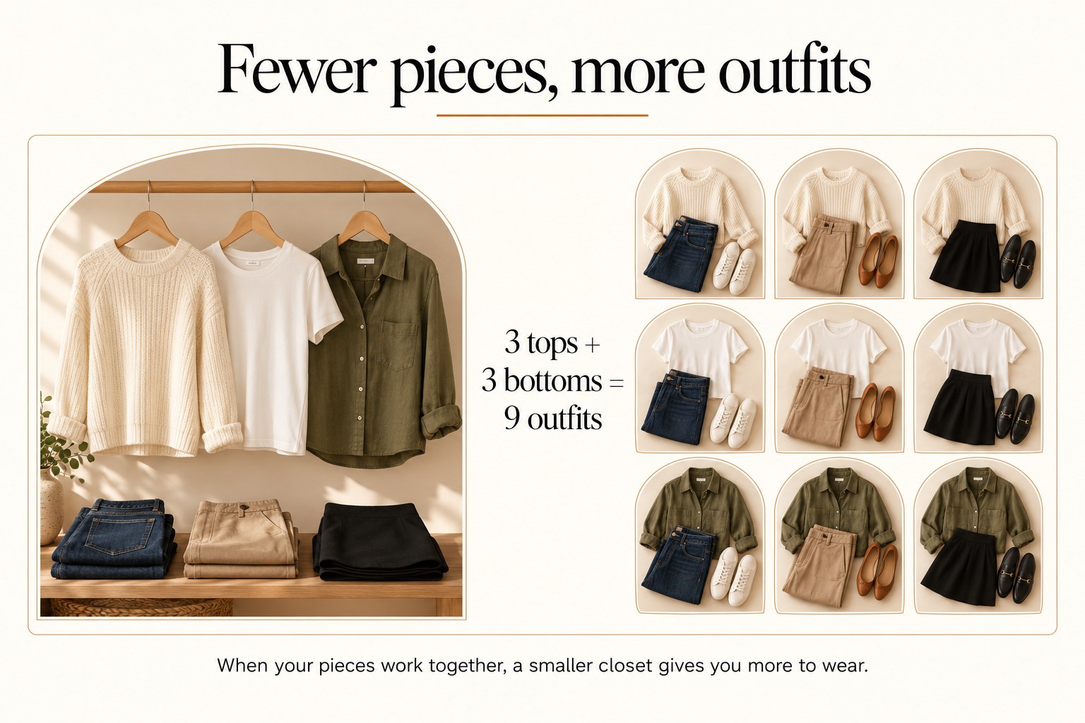 Fewer pieces, more outfits: 3 tops plus 3 bottoms make 9 outfits