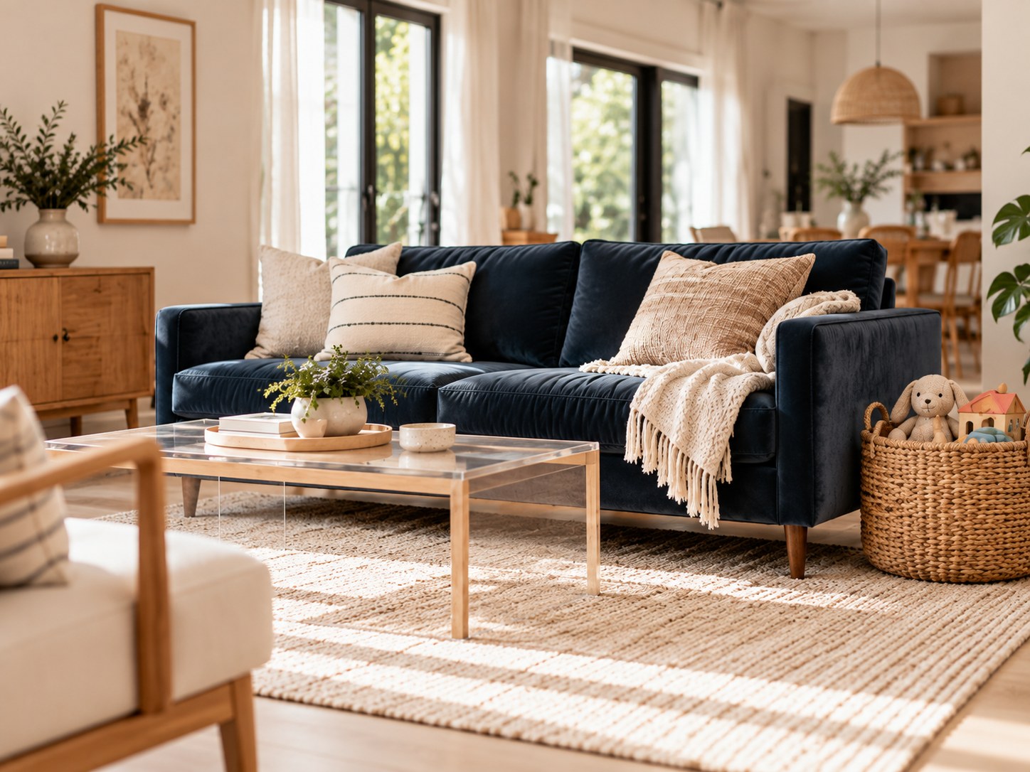 A simple, lived-in family living room showing minimalism with kids