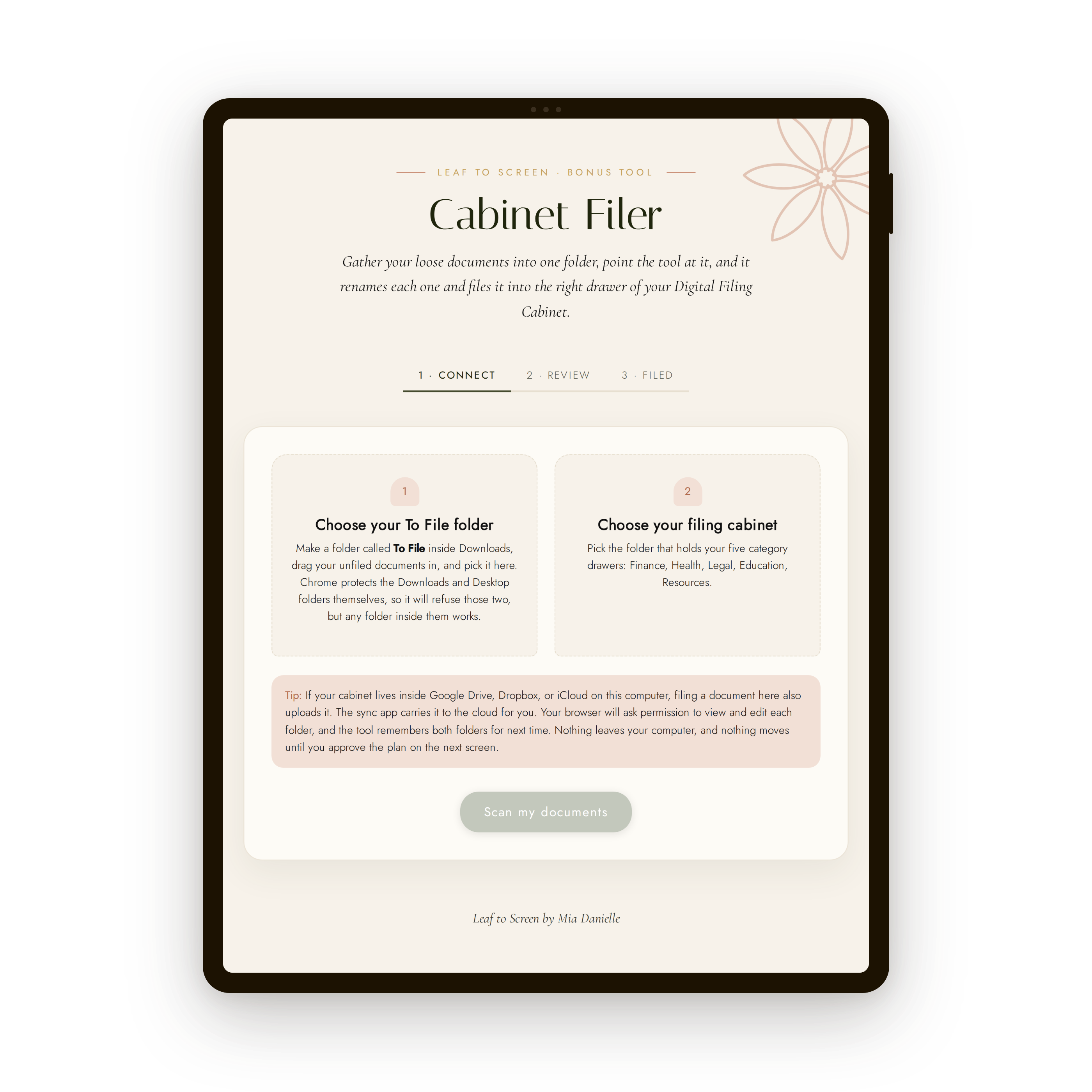 Leaf to Screen Cabinet Filer tool shown on a tablet