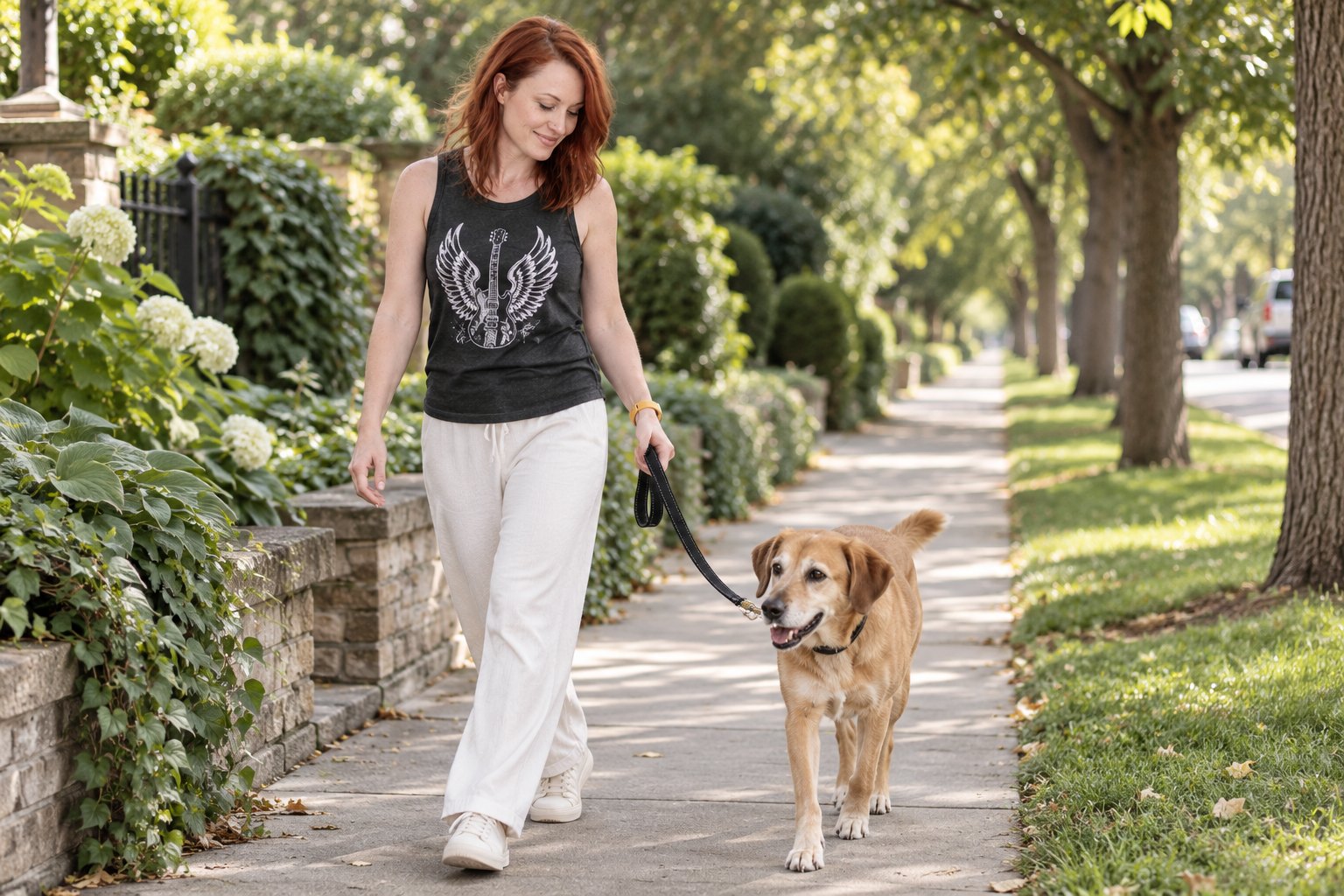 Woman walking her dog outside as a small daily moment to slow down