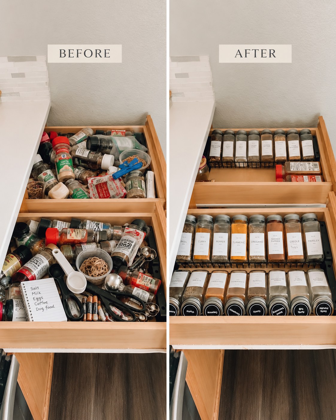 Before and after of an overflowing kitchen drawer sorted into matching jars