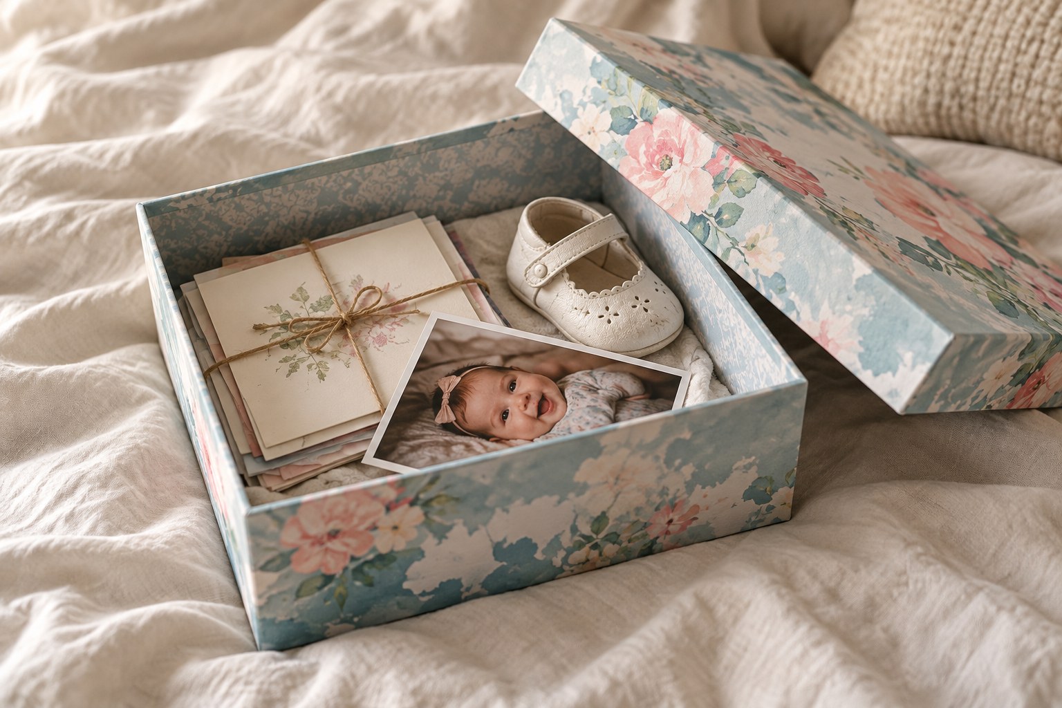 A small memory capsule box holding a few sentimental keepsakes