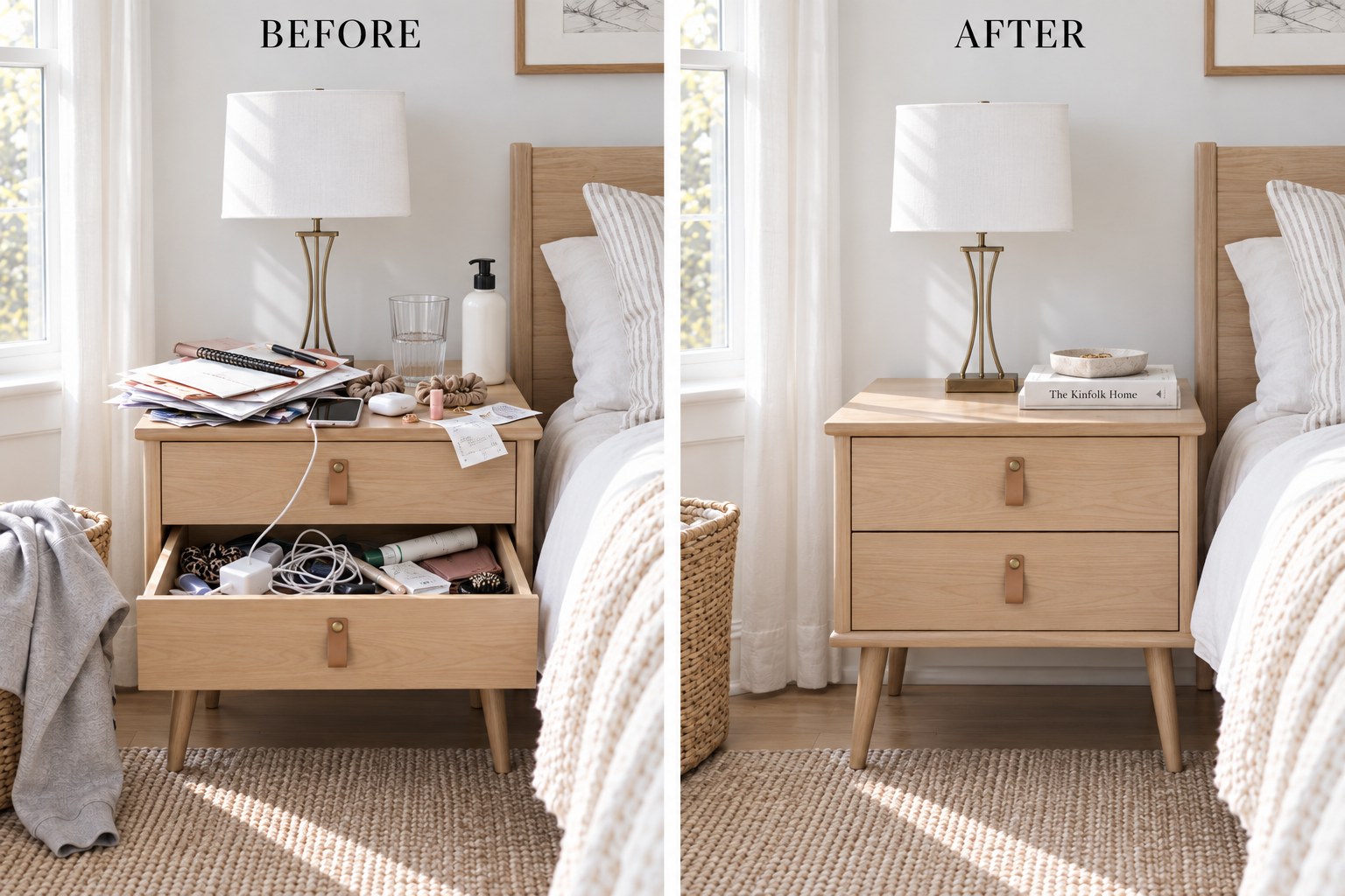 Before and after of a cluttered nightstand cleared to hold just a book