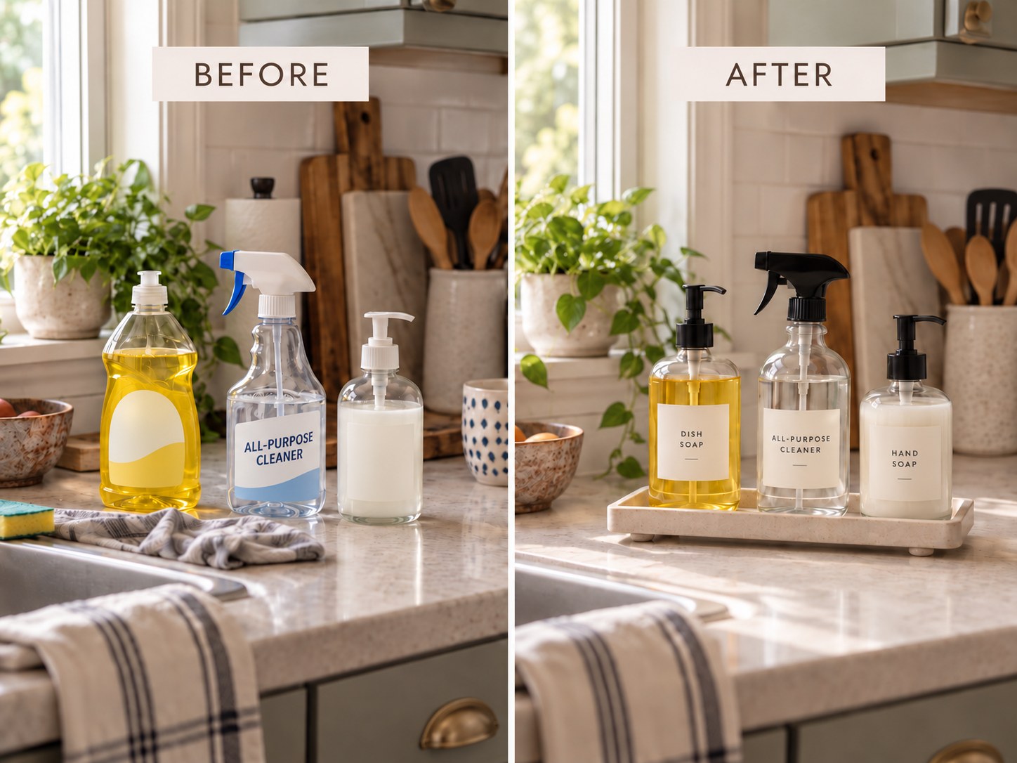 Before and after of a countertop with plastic bottles swapped for matching containers